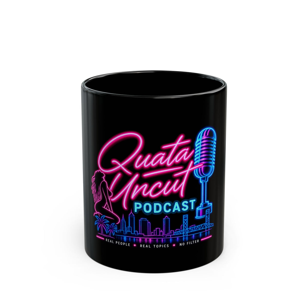 Quata Uncut Podcast™ Neon Logo Mug — Black 11 oz